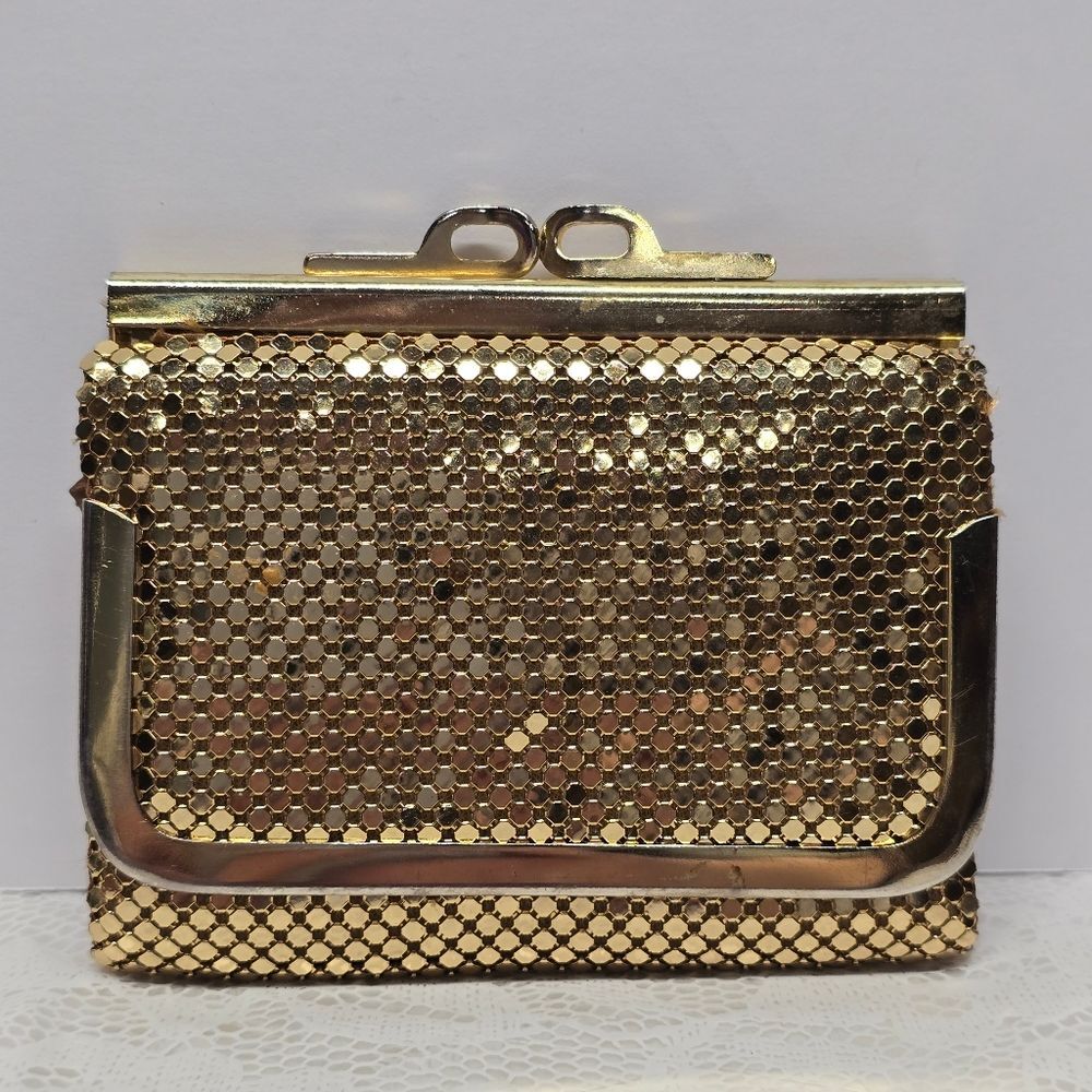 Vintage Gold Mesh Trifold Wallet Boho Chic Disco 70s 80s Hollywood Regency